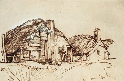 Due cottage con tetto di paglia con figure alla finestra da Rembrandt van Rijn