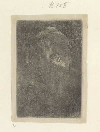 Donna in una porta, parlando con un uomo con bambini (serie: Raccolta di ottantacinque stampe originali) da Rembrandt van Rijn