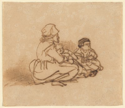Donna seduta a terra con due bambini da Rembrandt van Rijn