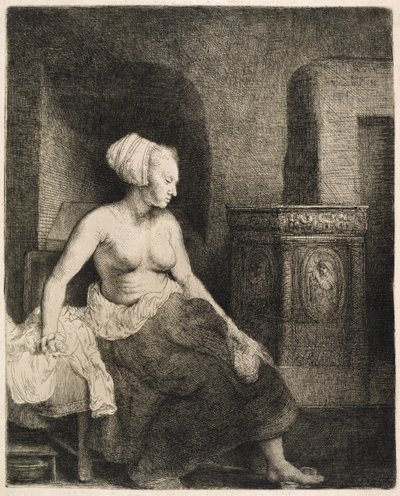 Donna seduta mezza vestita accanto a una stufa, 1658 da Rembrandt van Rijn