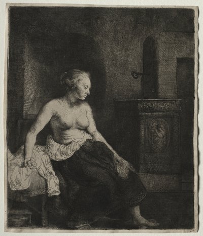 Donna seduta mezza vestita accanto a una stufa da Rembrandt van Rijn