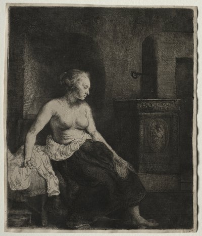 Donna seduta mezza vestita accanto a una stufa, 1658 da Rembrandt van Rijn