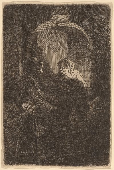 Donna a una porta che parla con un uomo e bambini (Il maestro di scuola) da Rembrandt van Rijn