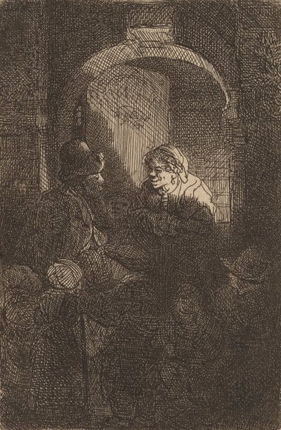 Donna alla porta che parla con un uomo e bambini (Il maestro di scuola) da Rembrandt van Rijn