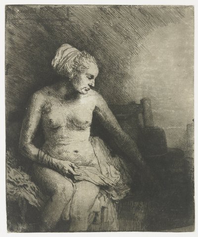 Donna al bagno con cappello accanto da Rembrandt van Rijn