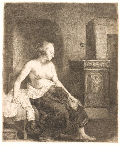 Donna seduta mezza vestita accanto a una stufa da Rembrandt van Rijn