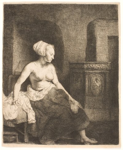 Donna seduta mezza vestita accanto a una stufa da Rembrandt van Rijn