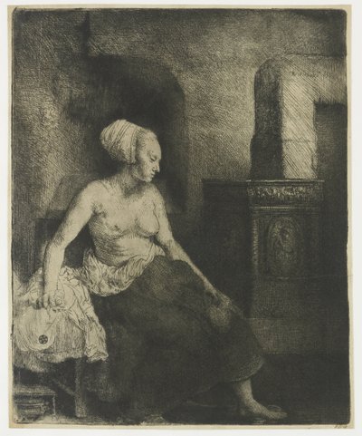 Donna seduta mezza vestita accanto a una stufa da Rembrandt van Rijn