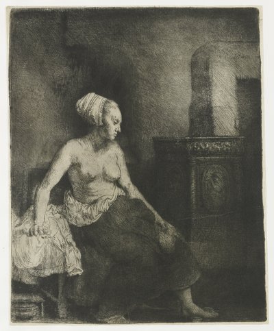 Donna seduta mezza vestita accanto a una stufa da Rembrandt van Rijn