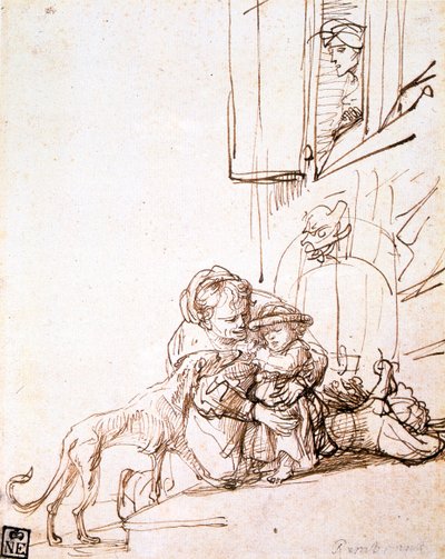 Donna con un bambino spaventato da un cane, XVII secolo da Rembrandt van Rijn