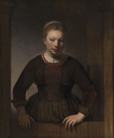 Giovane donna a una mezza porta aperta da Rembrandt van Rijn