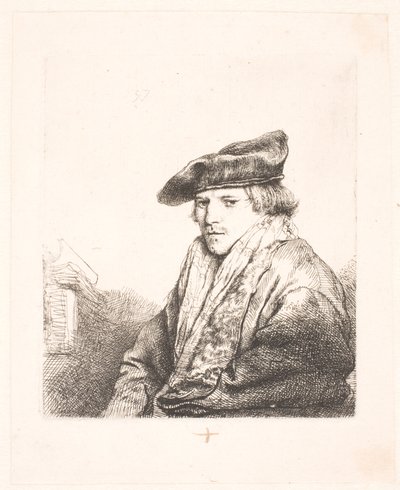 Giovane uomo con berretto di velluto con libri accanto a lui da Rembrandt van Rijn