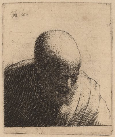 Uomo calvo con bocca aperta, guardando in basso da Rembrandt van Rijn and Studio of Rembrandt