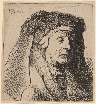 Busto di una vecchia con mantello di pelliccia e copricapo pesante da Rembrandt van Rijn and Studio of Rembrandt