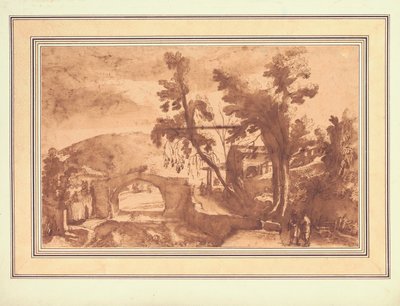 Paesaggio montano con un ponte su un fiume, figure su una strada presso una cascina a destra (inchiostro e lavaggio con gesso su carta) da Remigio Cantagallina