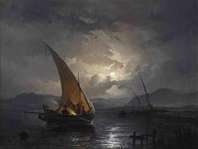 Un paesaggio notturno con una barca a vela su cui si accende un fuoco da Remigius Adrianus Haanen