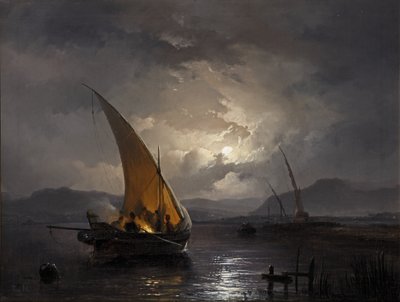 Un paesaggio notturno con una barca a vela dove si accende un fuoco, dopo il 1860 da Remigius van Haanen