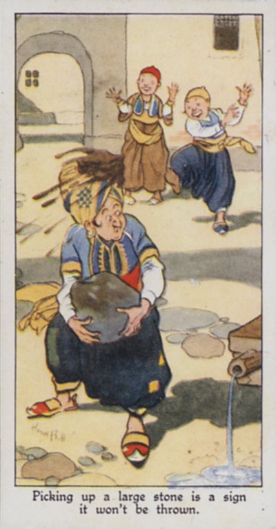 Proverbio orientale: Sollevare una grande pietra è segno che non verrà lanciata (litografia a colori) da René Bull