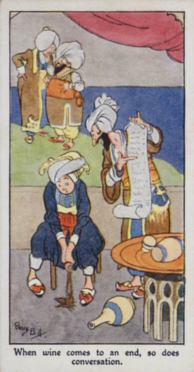 Proverbio orientale: Quando il vino finisce, finisce anche la conversazione (litografia a colori) da René Bull
