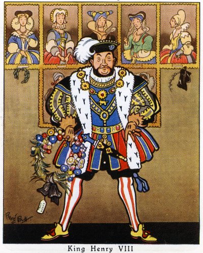 Re Enrico VIII decora i ritratti delle sue mogli con agrifoglio, vischio e una corona per Natale, 1936 da René Bull