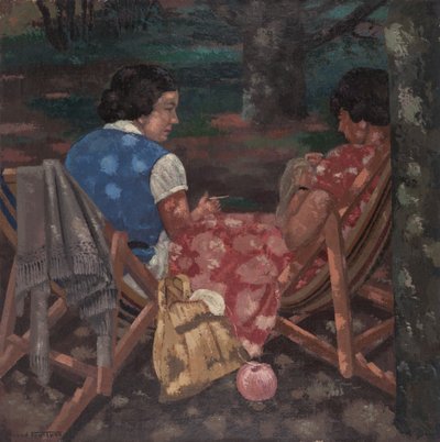 Donne che Lavorano a Maglia nel Giardino da René Fontayne