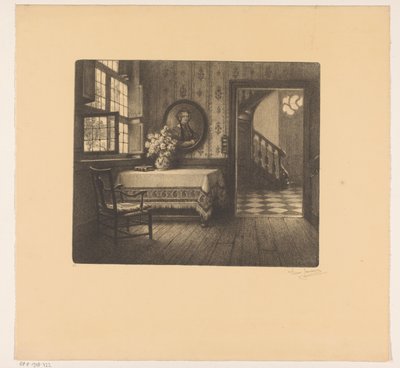 Interno con ritratto, tavolo e vista su un corridoio da René Janssens (signed by artist)