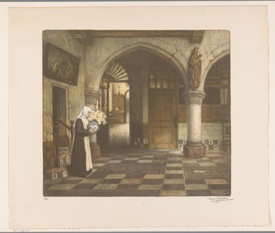 Suora in un chiostro con un vaso di fiori da René Janssens (signed by artist)