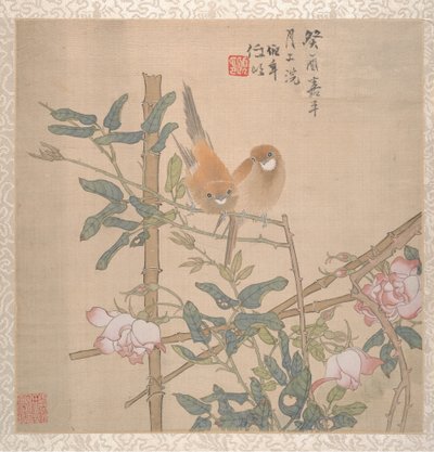 Due uccelli posati su un cespuglio di rose in fiore, fine XIX secolo da Ren Yi
