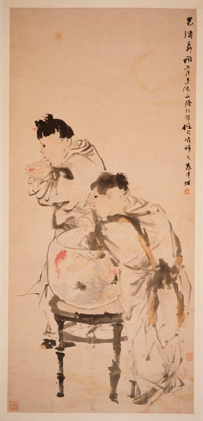 Due ragazzi che giocano con pesci rossi, 1879 da Ren Yi
