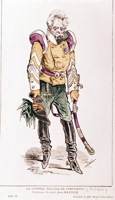 Jacques Offenbach: "La vie parisienne". Generale Malaga di Porto Rico, costume di Draner. 1866. da Renard Jules Draner