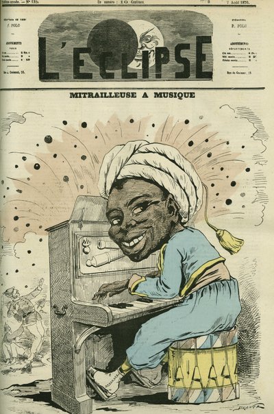 Mitragliatrice con musica, vignetta di Jules Renard Draner (1833-1926), specialista nella vita militare tra tutte le nazionalità. Copertina in "L