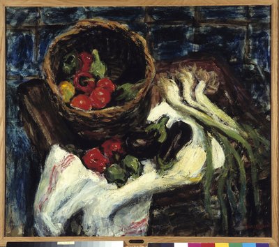 Natura morta in cesto di verdure Peperoni, melanzane e porri da Rene Auguste Seyssaud