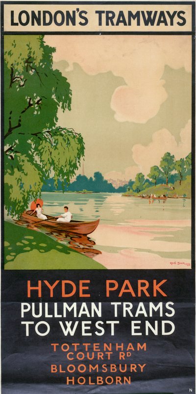 Hyde Park, Pullman Trams to West End, poster della London County Council LCC Tramways, 1930 da Rene Blair