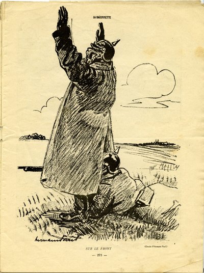 Sul fronte di guerra, un soldato tedesco finge di arrendersi mentre un altro ne approfitta per sparare sotto il cappotto da Rene George Hermann Paul