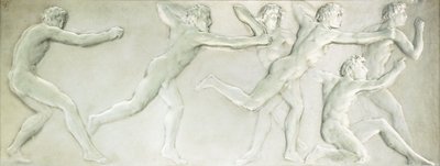 Pannello figurativo in vetro modellato raffigurante sei atleti maschi nudi da Rene Jules Lalique
