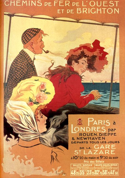 Poster pubblicitario di Rene Pean per la compagnia ferroviaria West and Brighton per la linea Parigi Londra via Rouen, Dieppe e Newhaven, fine XIX secolo da Rene Pean