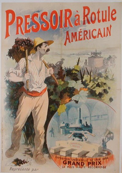 Poster pubblicitario di una pressa per vino americana, esposta all