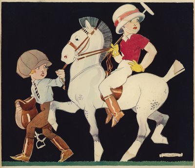Ragazzo su pony da polo, guidato da una ragazza di scuderia da Rene Vincent