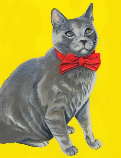 Gatto grigio con papillon rosso da Renee Machan Cottagecore Artist