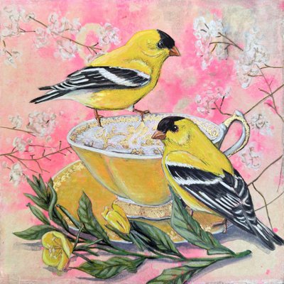 Cardellini primaverili e tazza da tè da Renee Machan Cottagecore Artist