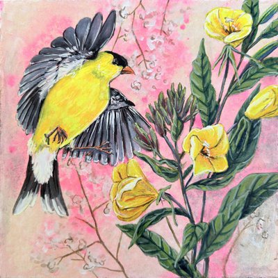 Un vivace cardellino e fiori gialli da Renee Machan Cottagecore Artist
