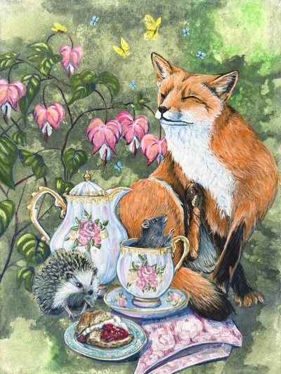 "Afternoon Tea": riccio volpe e topolino con fiori di cuore sanguinante, di Renee Machan da Renee Machan Cottagecore Artist