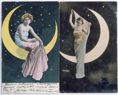 Cartoline ungheresi (a sinistra) e francesi (a destra) raffiguranti una donna e una luna crescente (c.1910) (foto colorata) da Reutlinger Studio