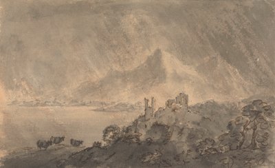 Castello sopra un lago con montagna distante sotto cielo tempestoso da Rev. William Gilpin