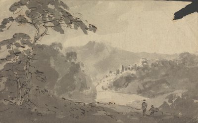 Due uomini che guardano in un paesaggio con castello, fiume e montagna da Rev. William Gilpin