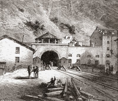 Il Tunnel Ferroviario del Fréjus, chiamato anche Tunnel del Moncenisio, Alpi Europee, dal lato italiano alla fine del XIX secolo. Da Immagini Italiane di Rev. Samuel Manning, pubblicato c.1890. da Reverend Samuel Manning
