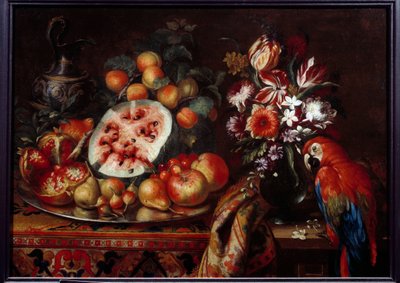Natura morta con pappagallo rosso e frutta. Frutto della passione, pera, pesca e albicocche. Dipinto di Reynaud Levieux (circa 1625-1690) XVII secolo Marsiglia, Museo delle Belle Arti da Reynaud Levieux