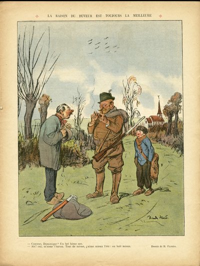 Illustrazione di Ricardo Flores (1878-1918) in Le Lire, 04/01/13 - La ragione del bevitore è sempre la migliore - Campagna, Infanzia, Caccia cacciatore, Cattedrali Chiese, Alcol Alcolismo da Ricardo Flores