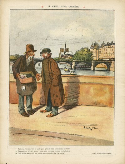 Illustrazione di Ricardo Flores (1878-1918) in Le Rire, 06/03/09 - La scelta di una carriera - Parigi, Architettura Urbanistica, Miseria, Ponte, Fiume, Chiese Cattedrali, Senna (fiume) da Ricardo Flores