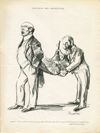 Illustrazione di Ricardo Flores (1878-1918) in Le Rire, 09/05/14 - Dialogo dei Risorti - Marocco, Agadir - Ceccaldi da Ricardo Flores